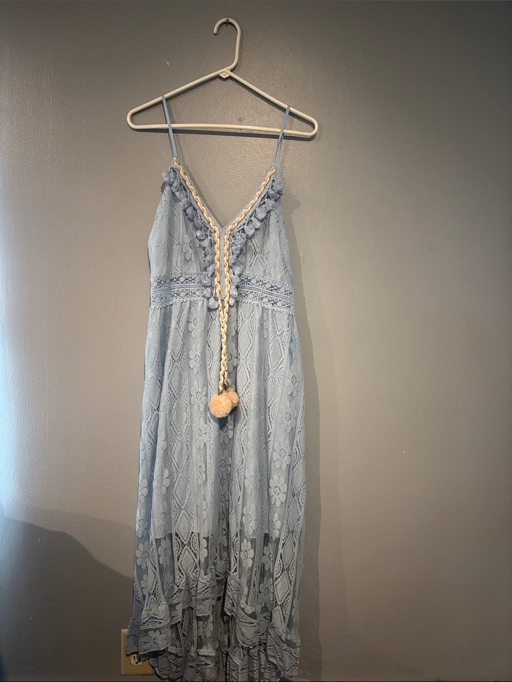 Light Blue Lace Maxi Dress with Pom Tie